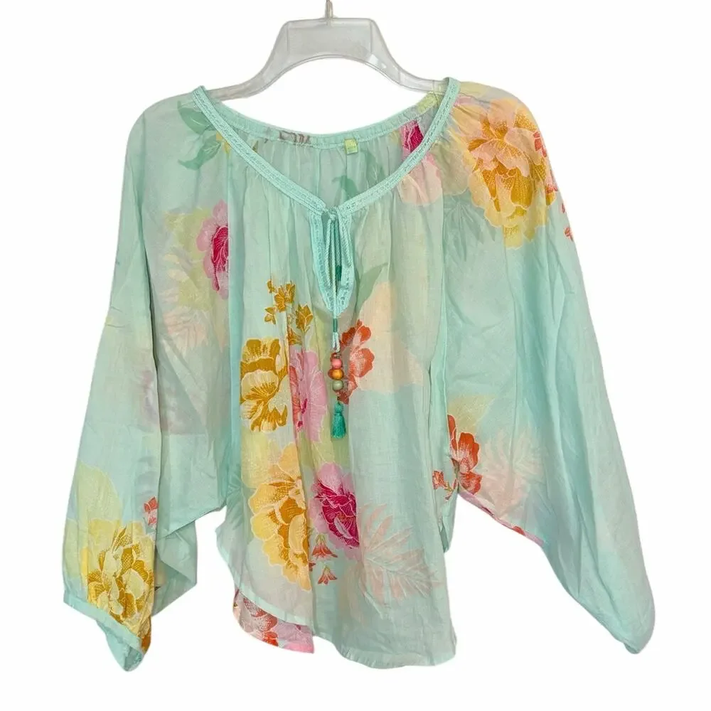 Farm Rio Basel Peasant Top Floral Sheer Cotton Beaded Tassels